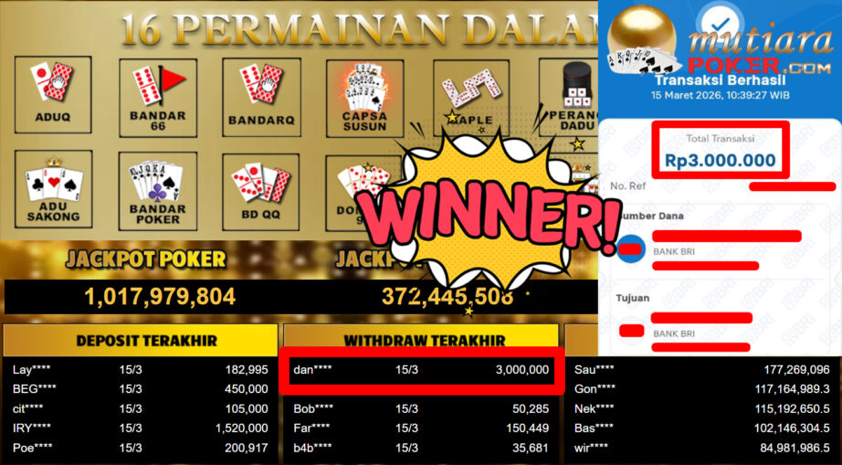 Bukti Withdraw ( 3.000.000,-) Member Setia MutiaraPoker