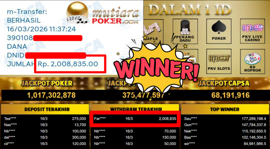 Bukti Withdraw ( 2.008.835,-) Member Setia MutiaraPoker