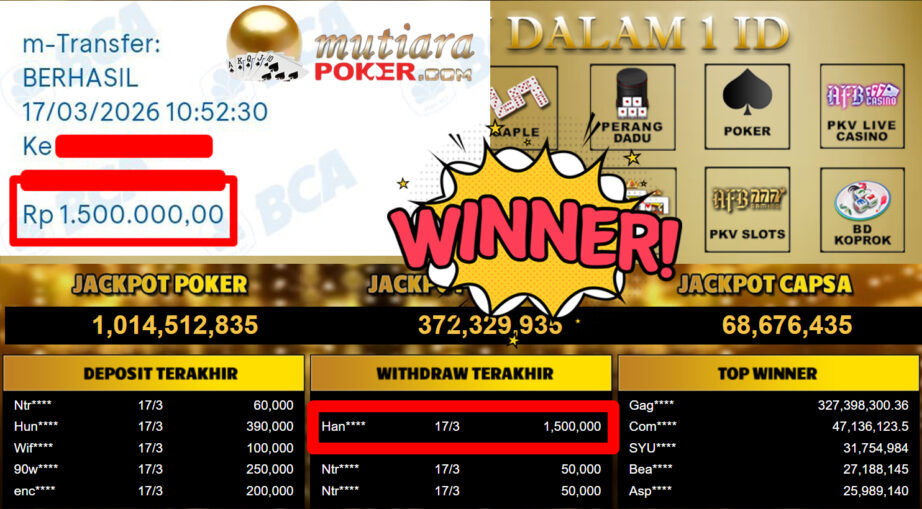 Bukti Withdraw ( 1.500.000,-) Member Setia MutiaraPoker
