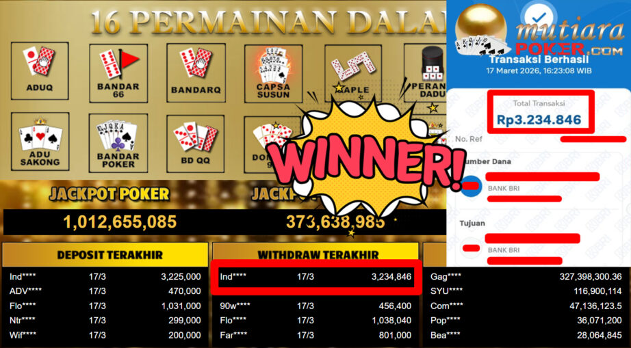 Bukti Withdraw ( 3.234.846,-) Member Setia MutiaraPoker