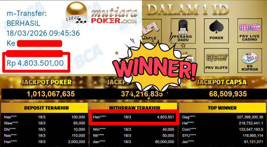 Bukti Withdraw ( 4.803.501,-) Member Setia MutiaraPoker