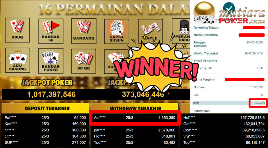 Bukti Withdraw ( 1.353.359,-) Member Setia MutiaraPoker