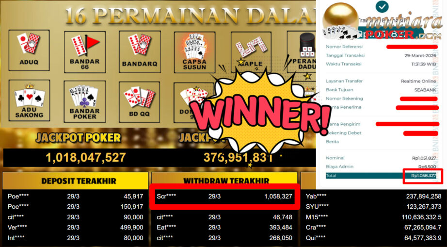 Bukti Withdraw ( 1.058.327,-) Member Setia MutiaraPoker