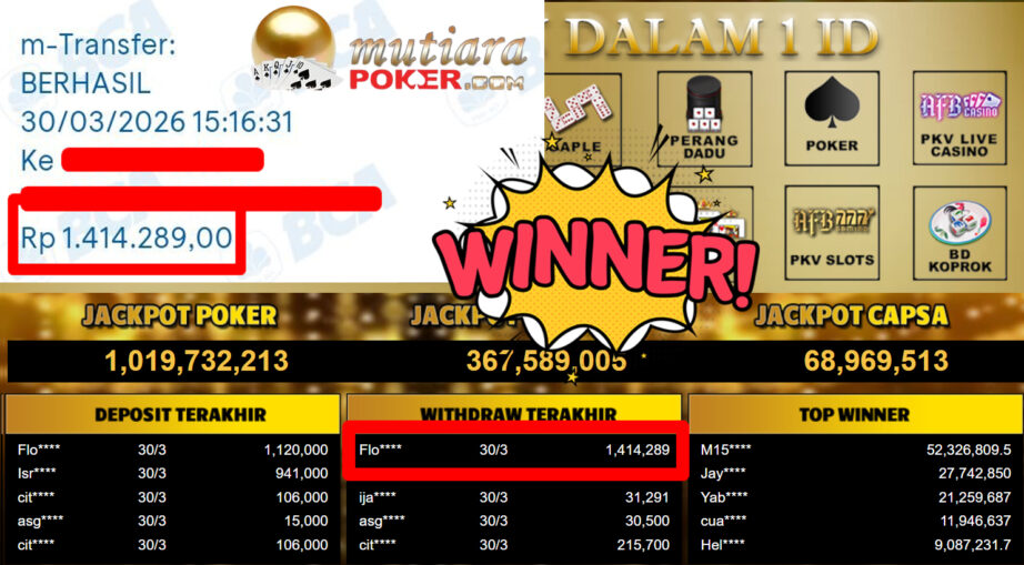 Bukti Withdraw ( 1.414.289,-) Member Setia MutiaraPoker