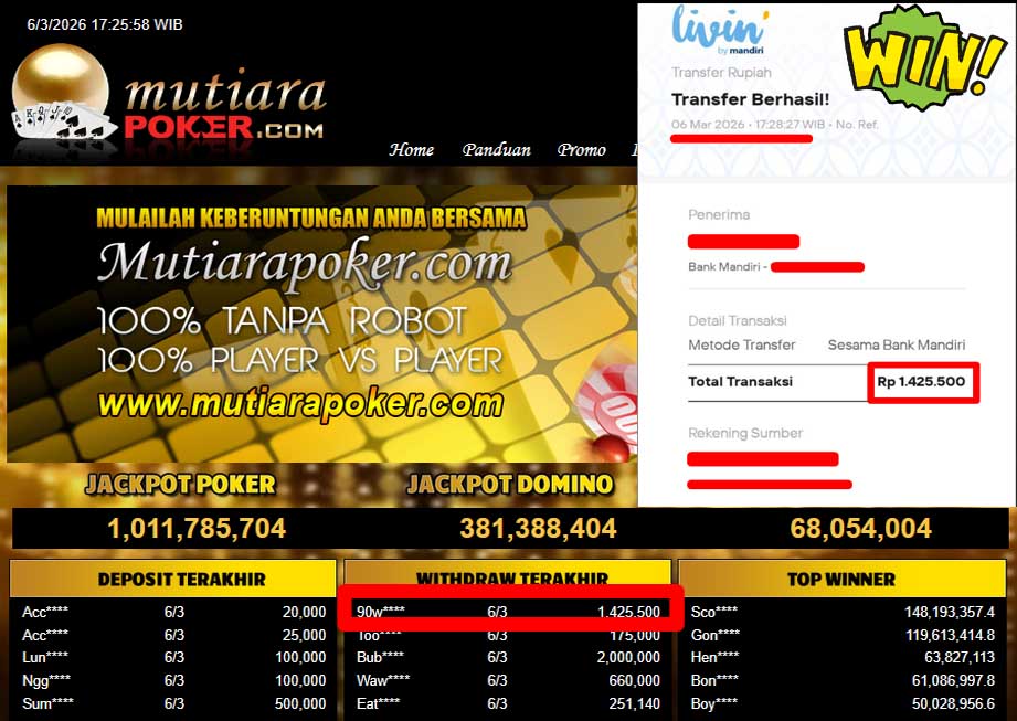 Bukti Withdraw ( 1,425,500,-) Member Setia Mutiarapoker