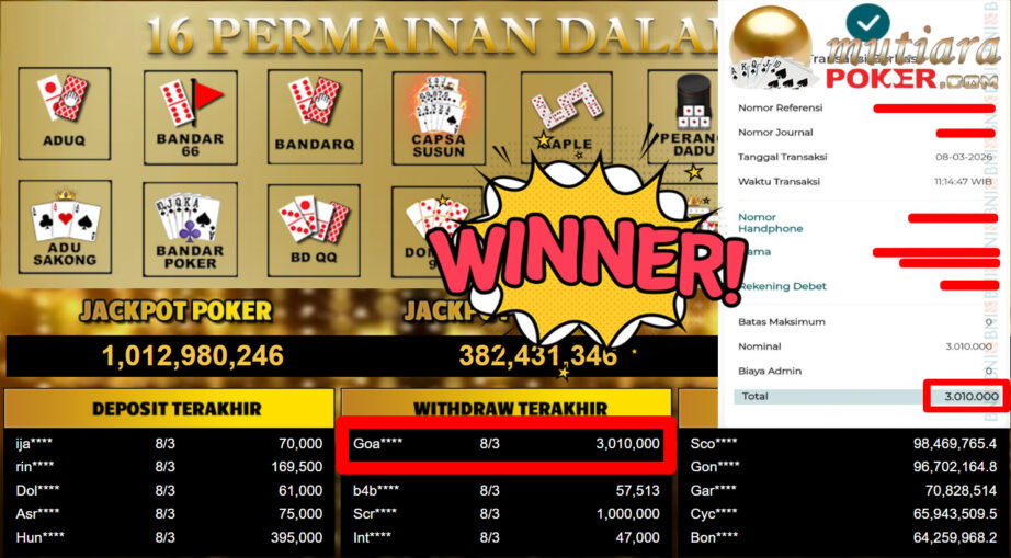 Bukti Withdraw ( 3.010.000,-) Member Setia MutiaraPoker