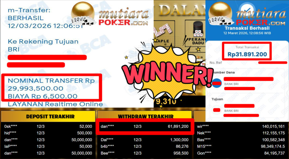 Bukti Withdraw ( 61.891.200,-) Member Setia MutiaraPoker