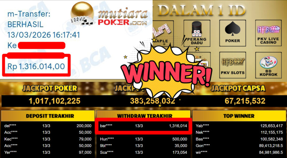 Bukti Withdraw ( 1.316.014,-) Member Setia MutiaraPoker