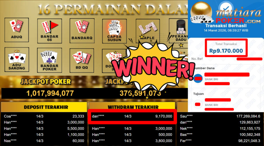 Bukti Withdraw ( 9.170.000,-) Member Setia MutiaraPoker