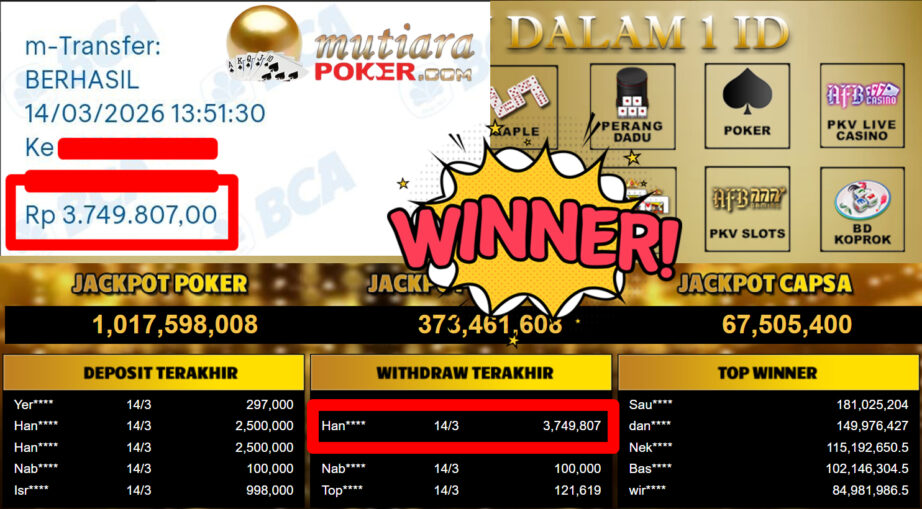 Bukti Withdraw ( 3.749.807,-) Member Setia MutiaraPoker