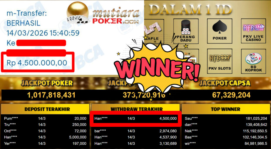 Bukti Withdraw ( 4.500.000,-) Member Setia MutiaraPoker
