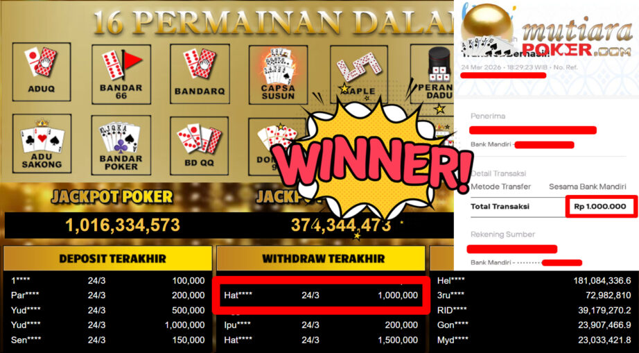 Bukti Withdraw ( 1.000.000,-) Member Setia MutiaraPoker