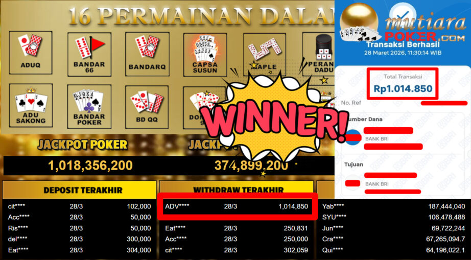 Bukti Withdraw ( 1.014.850,-) Member Setia MutiaraPoker