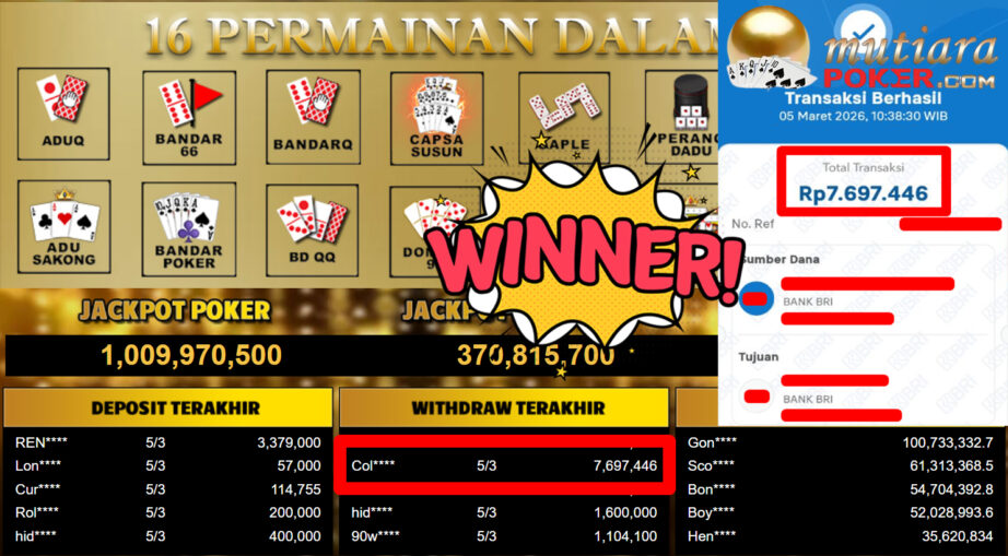 Bukti Withdraw ( 7.697.446,-) Member Setia MutiaraPoker