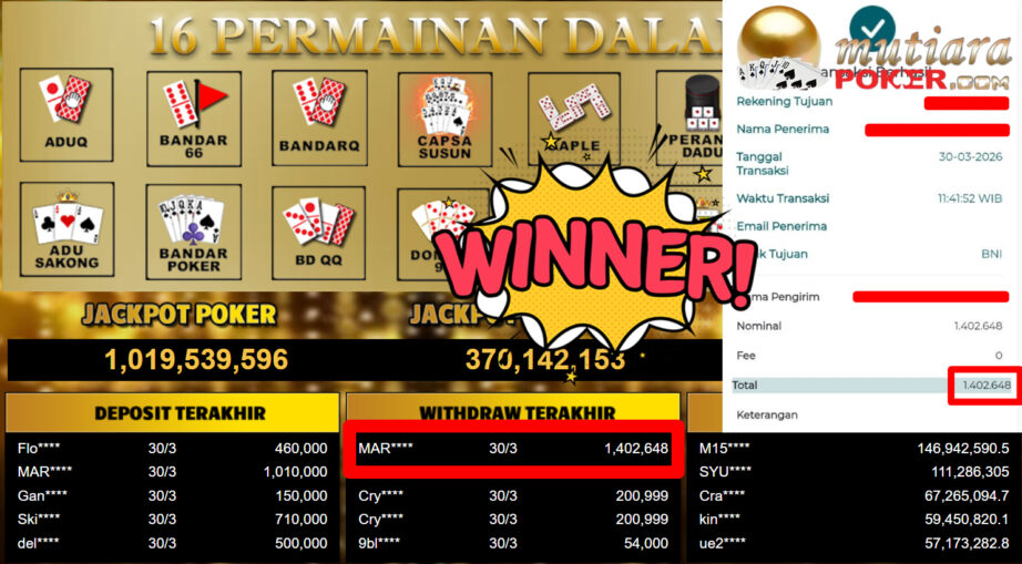 Bukti Withdraw ( 1.402.648,-) Member Setia MutiaraPoker