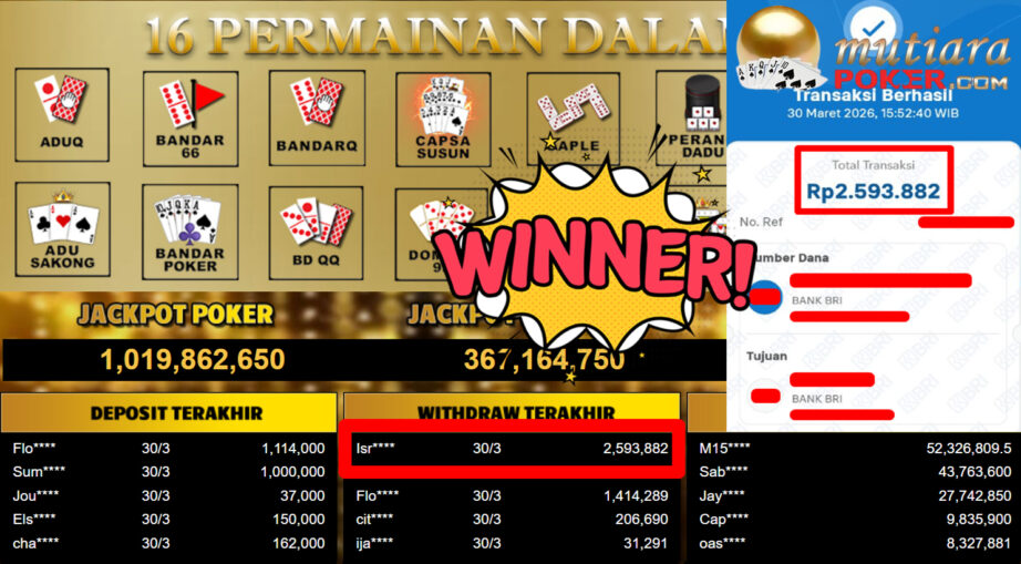 Bukti Withdraw ( 2.593.882,-) Member Setia MutiaraPoker