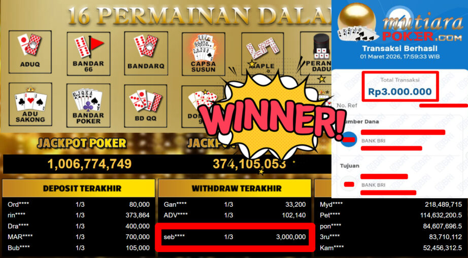 Bukti Withdraw ( 3.000.000,-) Member Setia MutiaraPoker