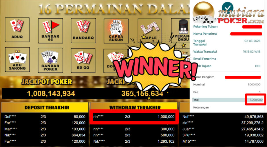 Bukti Withdraw ( 1.000.000,-) Member Setia MutiaraPoker