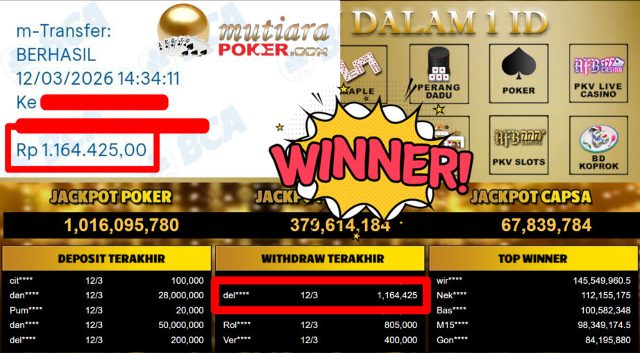 Bukti Withdraw ( 1.164.425,-) Member Setia MutiaraPoker