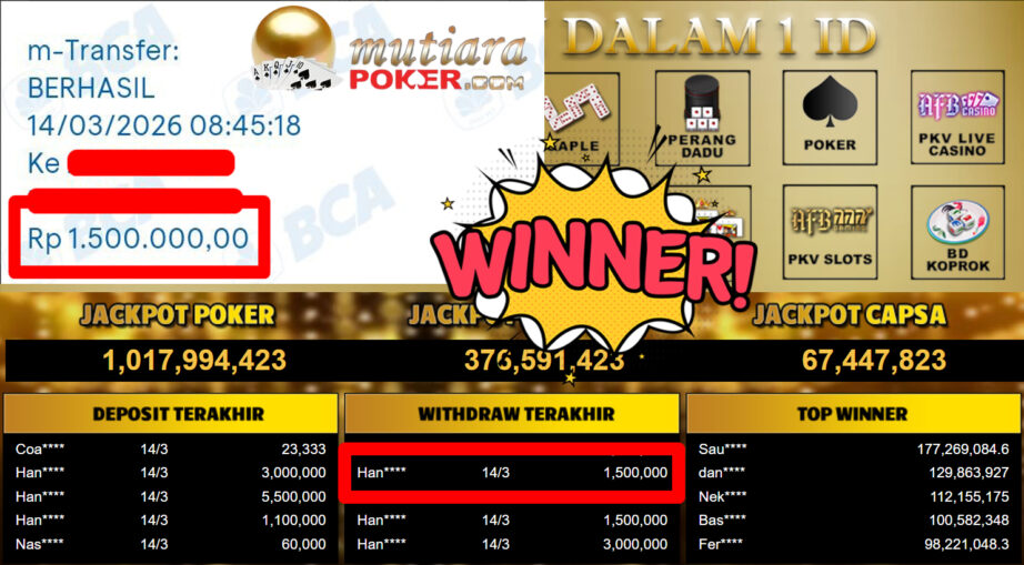 Bukti Withdraw ( 1.500.000,-) Member Setia MutiaraPoker