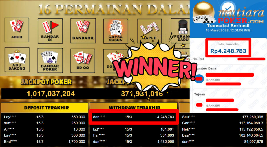 Bukti Withdraw ( 4.248.783,-) Member Setia MutiaraPoker
