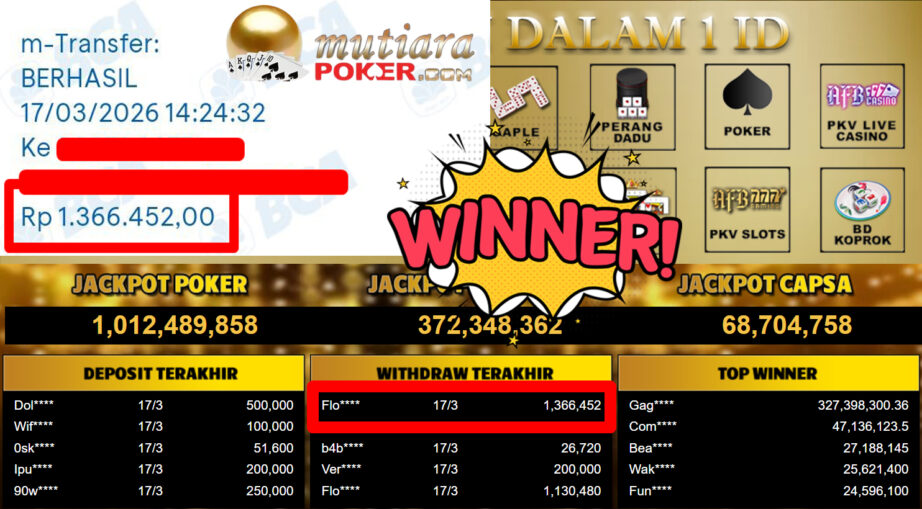 Bukti Withdraw ( 1.366.452,-) Member Setia MutiaraPoker