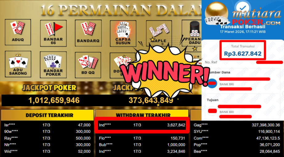 Bukti Withdraw ( 3.627.842,-) Member Setia MutiaraPoker