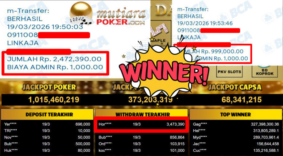 Bukti Withdraw ( 3.473.390,-) Member Setia MutiaraPoker