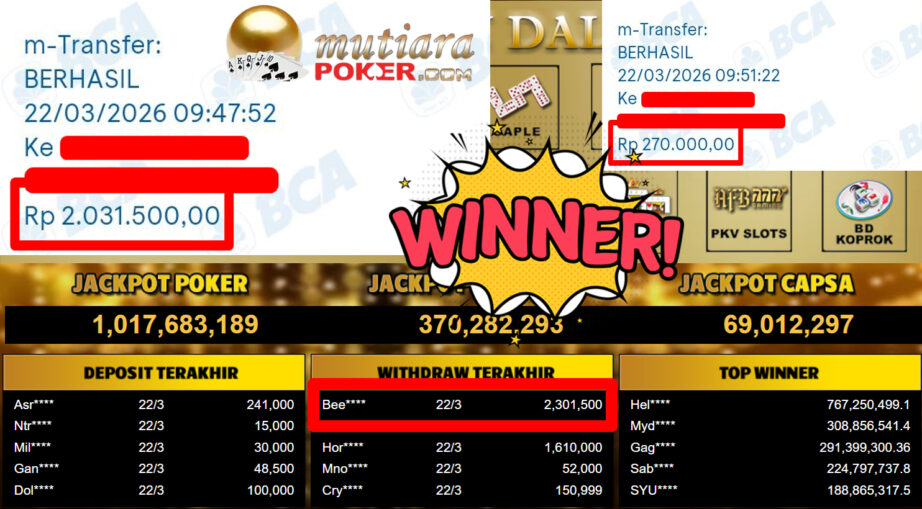 Bukti Withdraw ( 2.301.500,-) Member Setia MutiaraPoker
