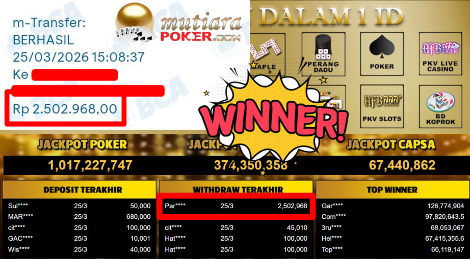 Bukti Withdraw ( 2.502.968,-) Member Setia MutiaraPoker