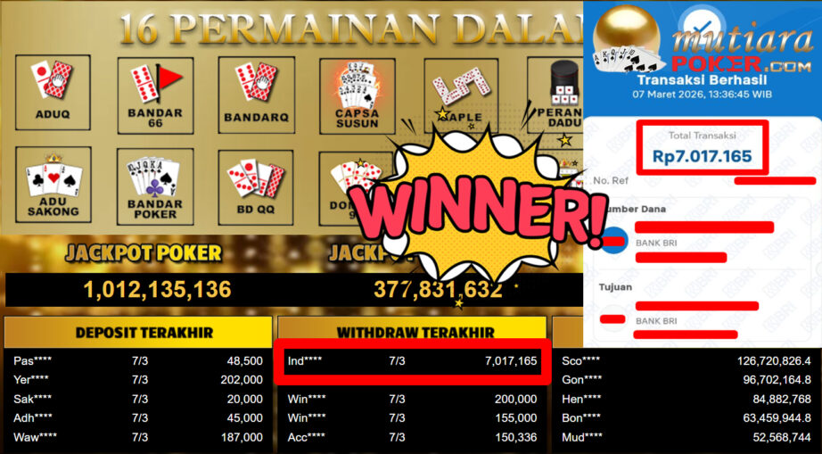 Bukti Withdraw ( 7.017.165,-) Member Setia MutiaraPoker