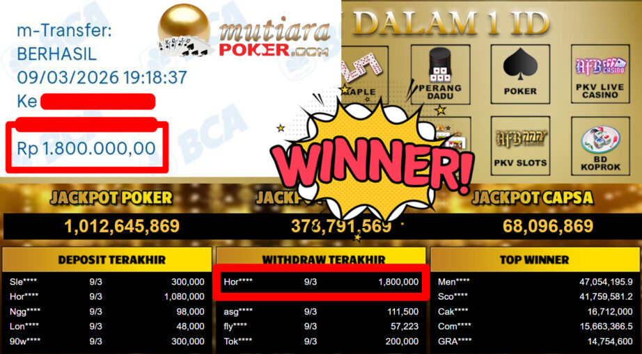 Bukti Withdraw ( 1.800.000,-) Member Setia MutiaraPoker