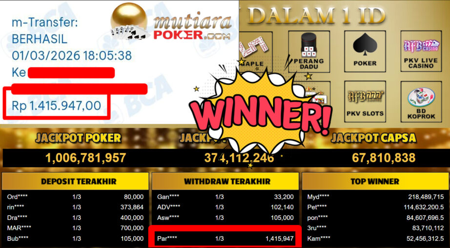 Bukti Withdraw ( 1.415.947,-) Member Setia MutiaraPoker