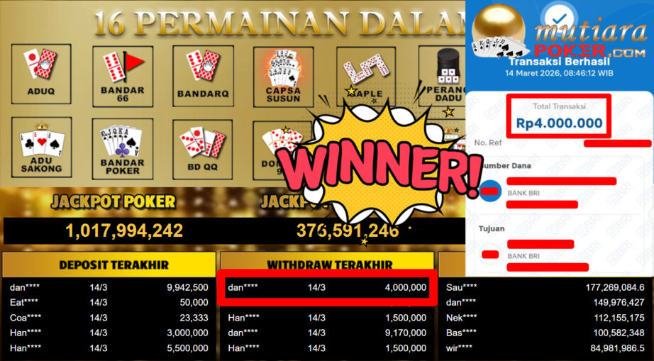 Bukti Withdraw ( 4.000.000,-) Member Setia MutiaraPoker