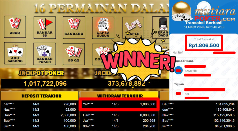 Bukti Withdraw ( 1.806.500,-) Member Setia MutiaraPoker