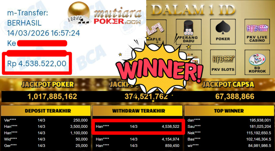 Bukti Withdraw ( 4.538.522,-) Member Setia MutiaraPoker