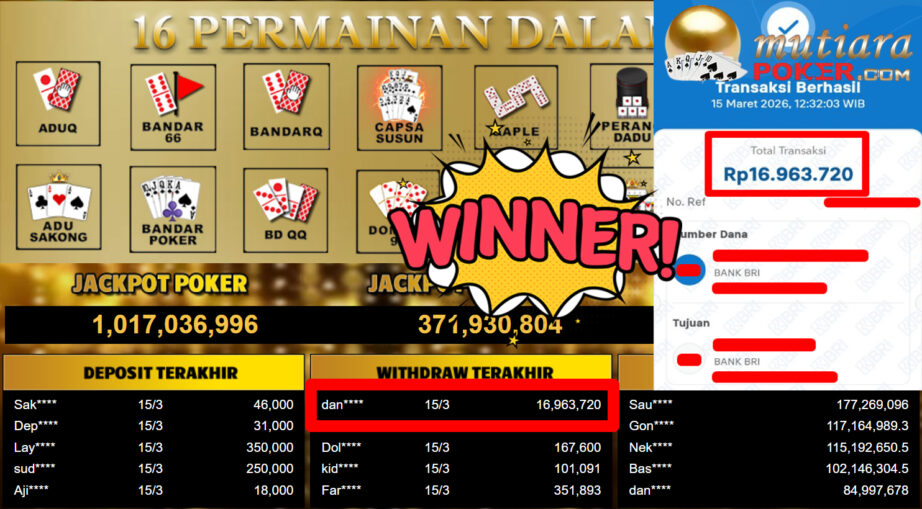 Bukti Withdraw ( 16.963.720,-) Member Setia MutiaraPoker
