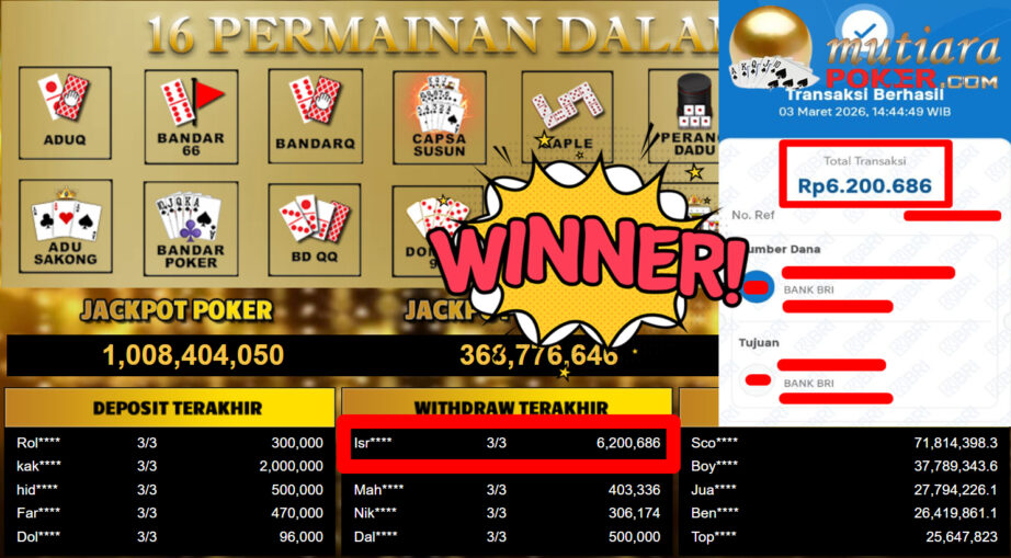 Bukti Withdraw ( 6.200.686,-) Member Setia MutiaraPoker