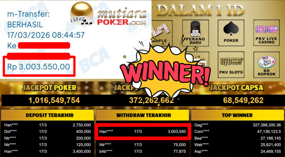 Bukti Withdraw ( 3.003.550,-) Member Setia MutiaraPoker