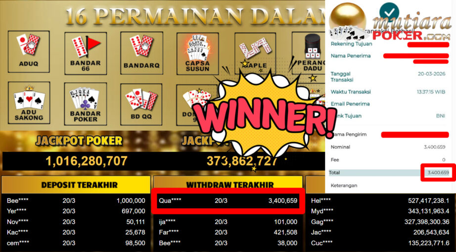 Bukti Withdraw ( 3.400.659,-) Member Setia MutiaraPoker
