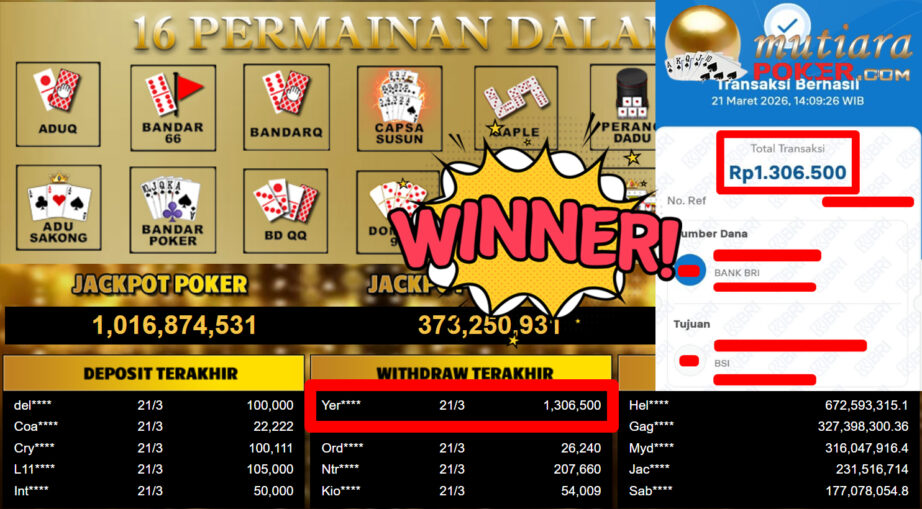 Bukti Withdraw ( 1.306.500,-) Member Setia MutiaraPoker
