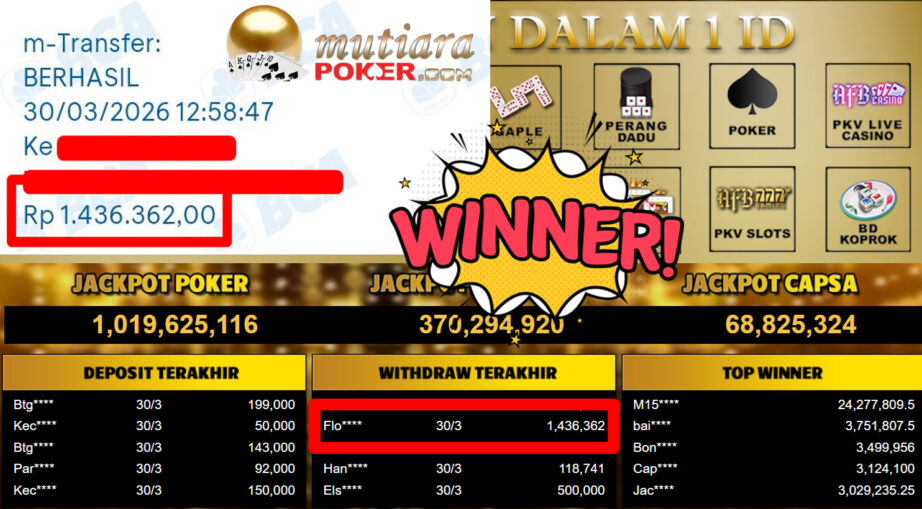 Bukti Withdraw ( 1.436.362,-) Member Setia MutiaraPoker