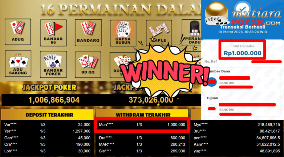 Bukti Withdraw ( 1.000.000,-) Member Setia MutiaraPoker