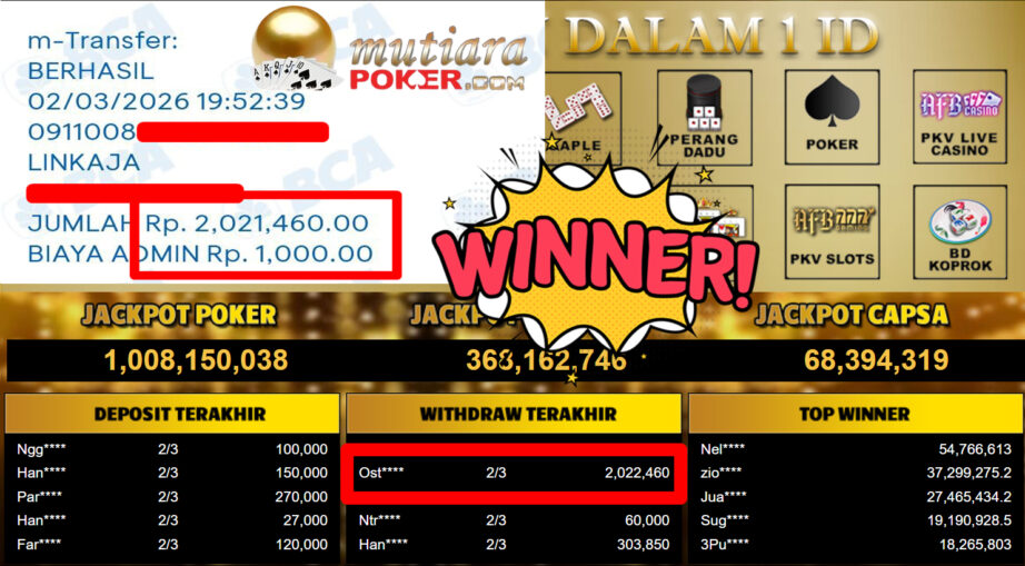 Bukti Withdraw ( 2.022.460,-) Member Setia MutiaraPoker