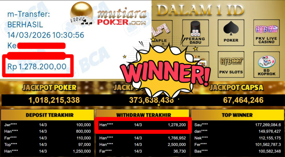 Bukti Withdraw ( 1.278.200,-) Member Setia MutiaraPoker