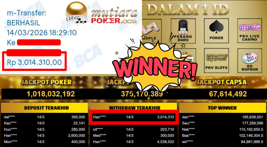 Bukti Withdraw ( 3.014.310,-) Member Setia MutiaraPoker