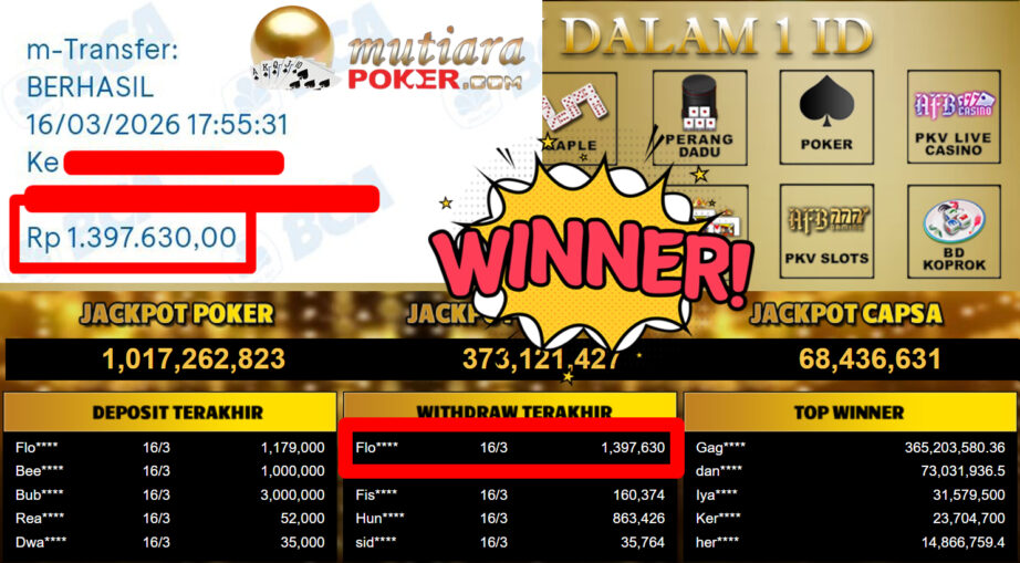 Bukti Withdraw ( 1.397.630,-) Member Setia MutiaraPoker