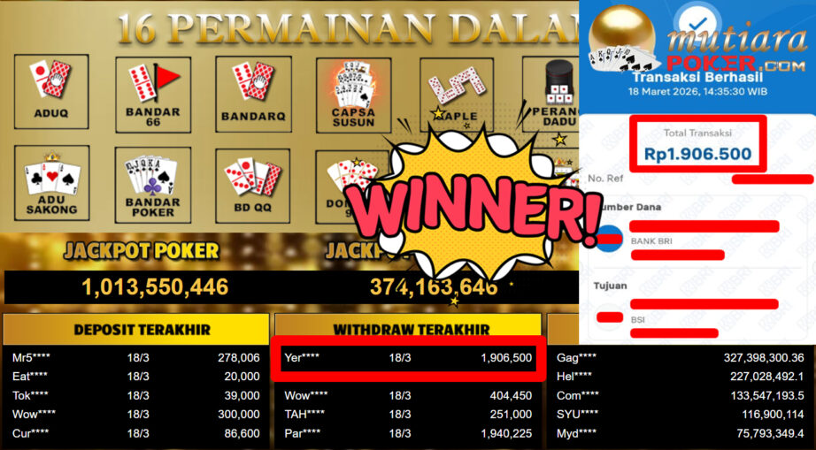 Bukti Withdraw ( 1.906.500,-) Member Setia MutiaraPoker