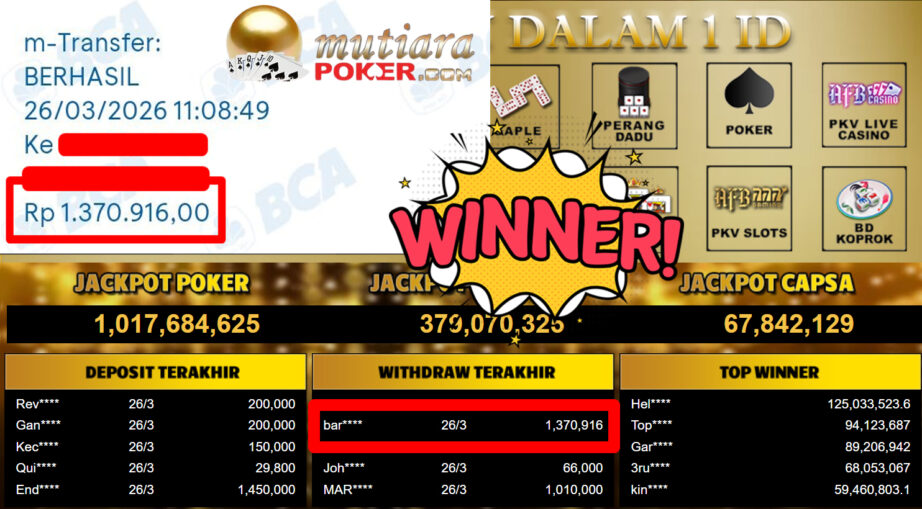 Bukti Withdraw ( 1.370.916,-) Member Setia MutiaraPoker