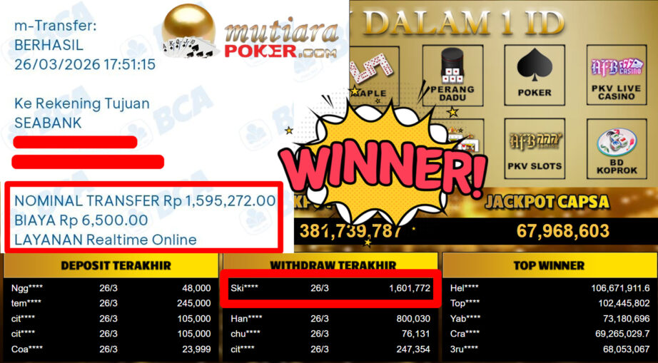 Bukti Withdraw ( 1.601.772,-) Member Setia MutiaraPoker